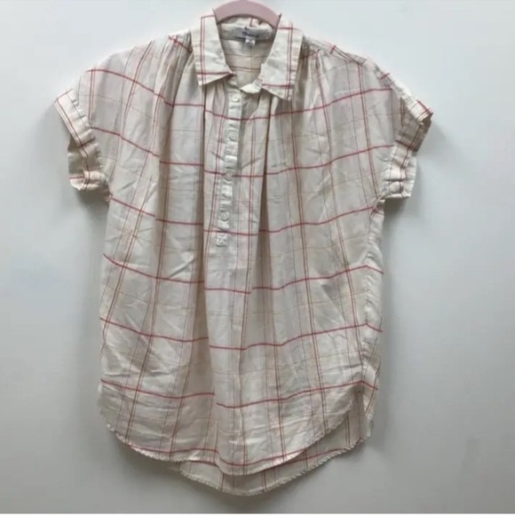 SMALL Madewell Central Popover In Fine Plaid Button Up Shirt Beige oversized - Picture 7 of 14